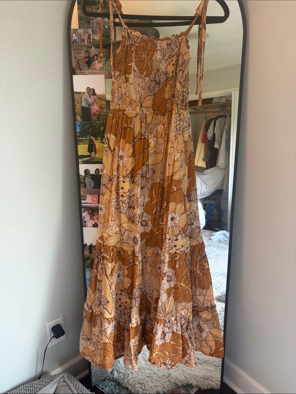 Boheme Mustard Floral Smocked Tie-Shoulder Maxi Dress
